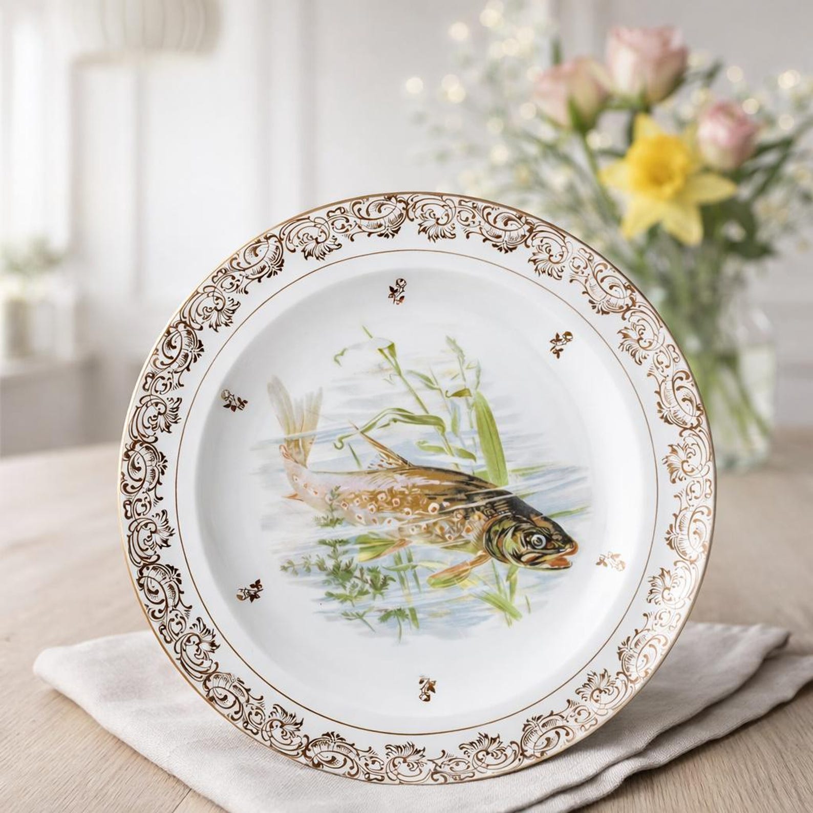 Antique Limoges Hand Painted Fish Plate – French Porcelain – Rare Fishing Motif – Early 1900s