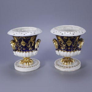 Antique Duesbury Royal Crown Derby Porcelain Pair – Circa 1784–1810, Blue & Gold Floral Vases