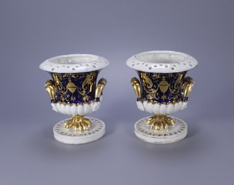 Antique Duesbury Royal Crown Derby Porcelain Pair – Circa 1784–1810, Blue & Gold Floral Vases