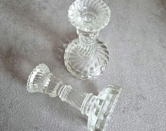 Vintage Zabkowice Glass Candleholders - Clear Pressed Glass Design - Elegant Polish Crystal Pair