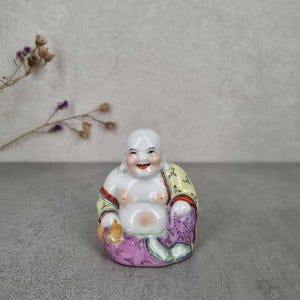Japanese Porcelain Buddha Figurine, Hand Painted, 1950s Vintage, Height 8 cm, Excellent Condition