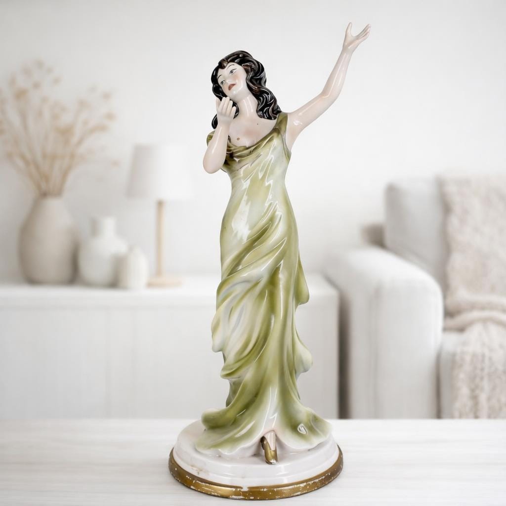 Large Art Deco Ceramic Figurine 40 Cm, Lady in Green Dress