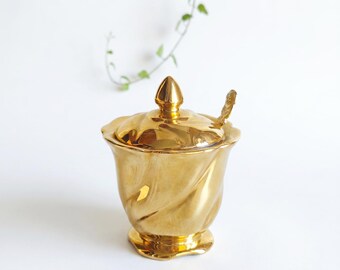 Zuckerdose von Royal Winton Grimwades mit Löffel, 24 Karat Gold, 1950er Jahre