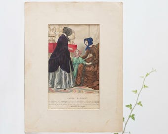 Parijse kostuumplaat, modeprint uit de jaren 1850, handgekleurd, 30 cm