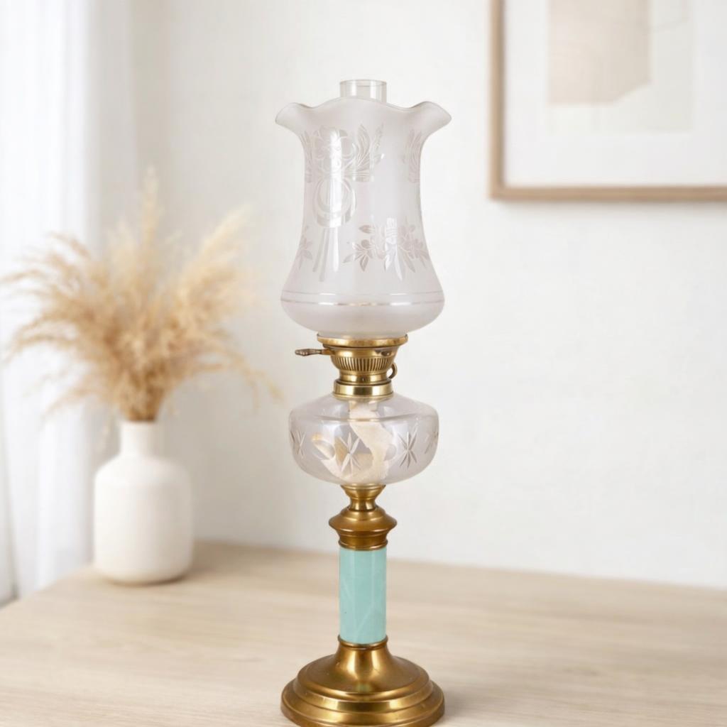 Antique Matador Brenner Oil Lamp - Frosted Glass Shade, Brass Base 
