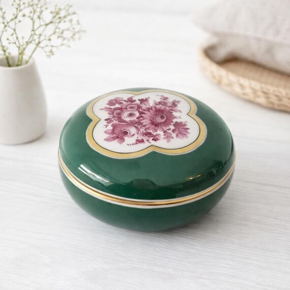 Hutschenreuther Hohenberg Porcelain Trinket Box – Vintage Green Floral with Gold Accents