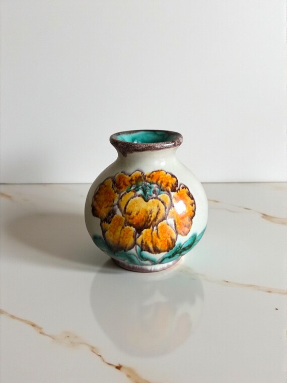 Upsala Ekeby Vase #44, Swedish Ceramic, Hand-painted Floral, 1950s