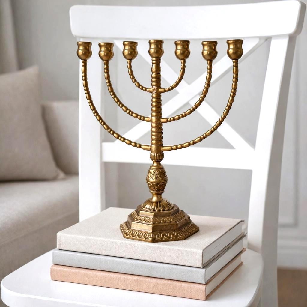 Grande Ménorah Dorée Jérusalem - Candélabre 7 Branches Judaïca Décoratif Shalom Israël - 21 X 20 Cm