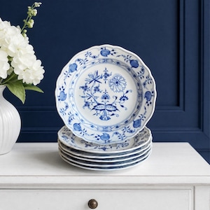 Juego de 6 platos llanos Meissen Blue Onion de porcelana alemana de los años 50.