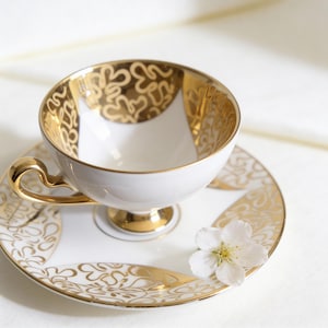 Leni Parbus 22K Gold Cup and Saucer, Vintage Hand-Painted Porcelain Collectible