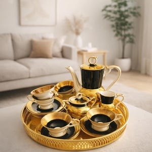 Vintage Alka Kunst Porcelain Mocca Set for 6, 22K Gold & Black - Etsy