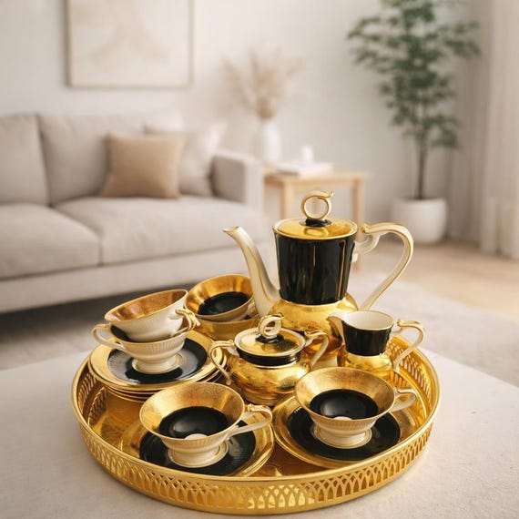 その他 antiquerose5011 Vintage Alka Kunst Porcelain Mocca Set for 6, 22K Gold & Black - Etsy
