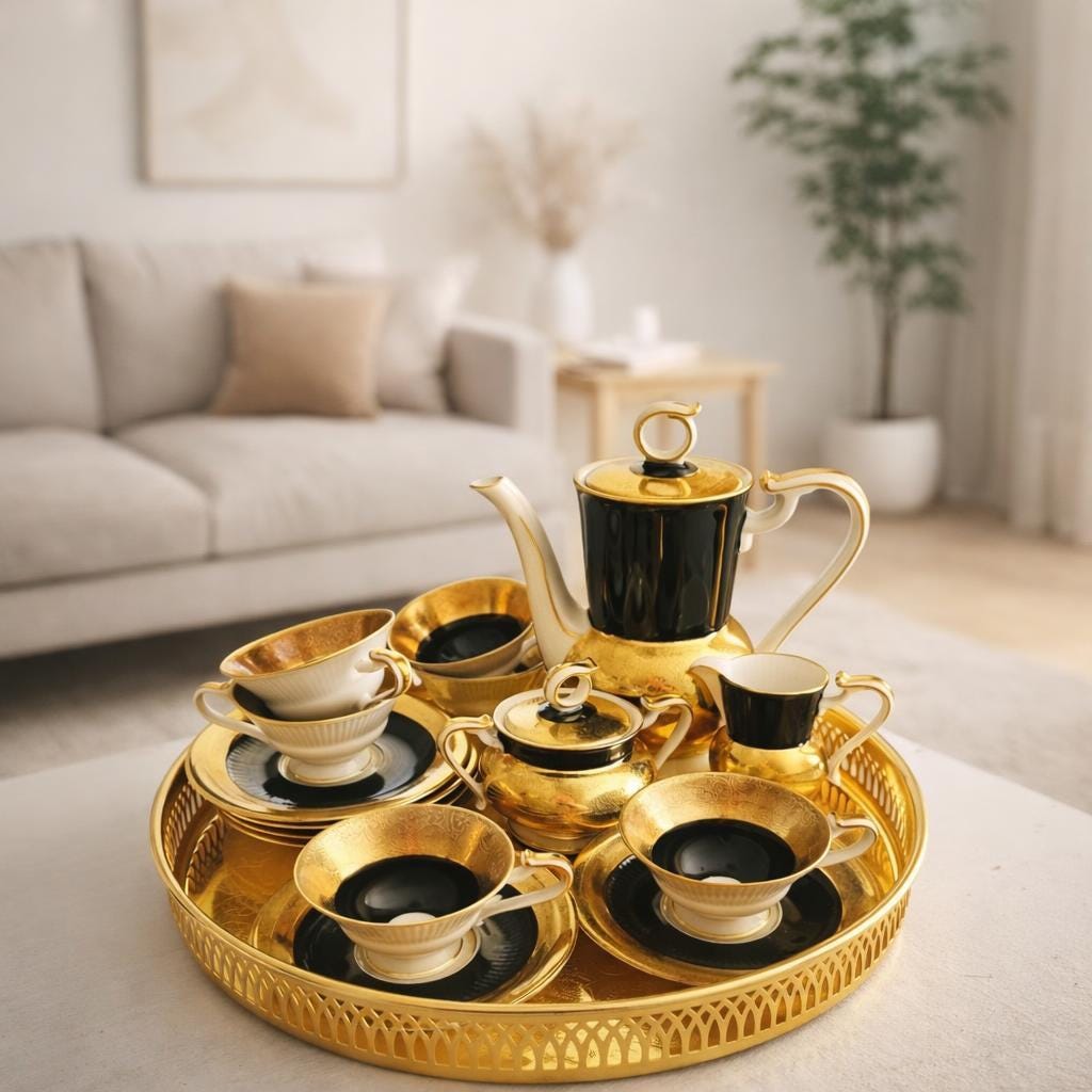Kyne Gold Ceramic Tray＆Mug Vintage Alka Kunst Porcelain Mocca Set for 6, 22K Gold & Black - Etsy