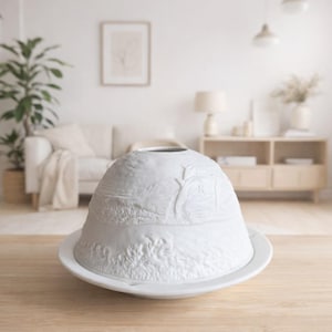 Op de afbeelding: Een wit keramisch decoratief stuk met een uniek, getextureerd ontwerp. Het stuk heeft een koepelvorm met een brede, platte basis. Het oppervlak heeft gedetailleerde reliëfpatronen, die een landschap suggereren. De algehele esthetiek is minimalistisch en elegant.