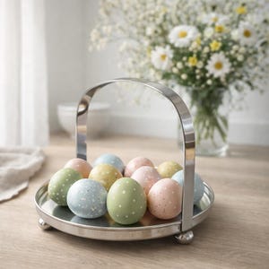 Puede incluir: Una cesta de metal plateado llena de huevos de Pascua de colores pastel. Los huevos están decorados con lunares blancos. Un ramo de flores blancas se encuentra en el fondo.