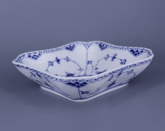 Royal Copenhagen Blue Fluted Half Lace no. 708 Rare Square Bowl. White & Blue Danish Porcelain. Hand Painted in Denmark