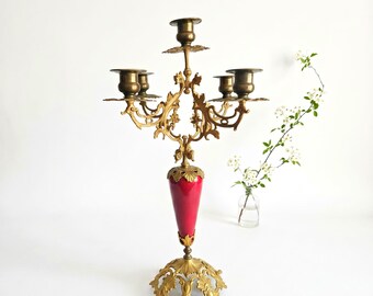 Candelabro antiguo francés de latón de principios del siglo XX, 44 cm, candelabro ornamentado.