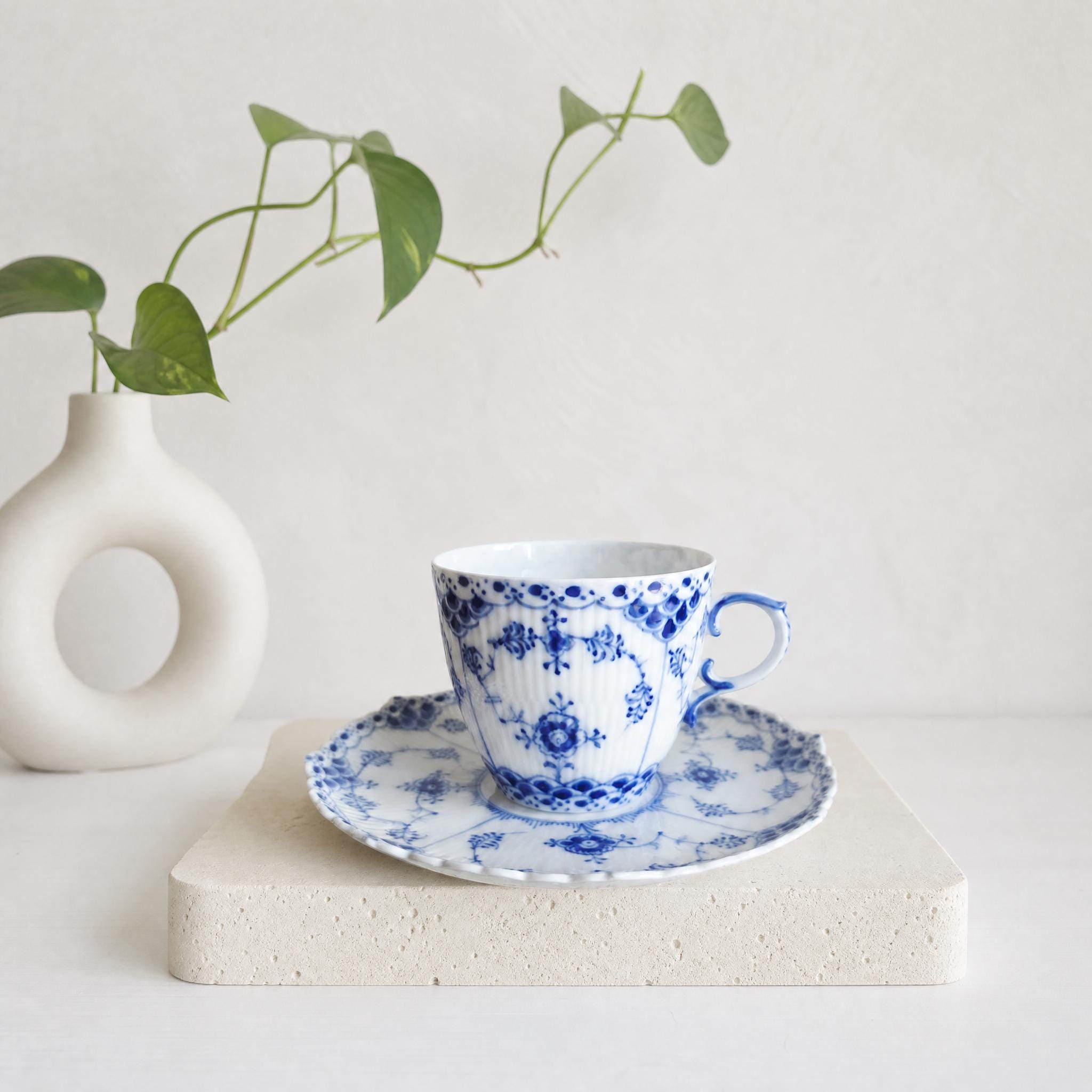 Royal Copenhagen Blue Fluted Full Lace #1035 Cup With Saucer 1960s