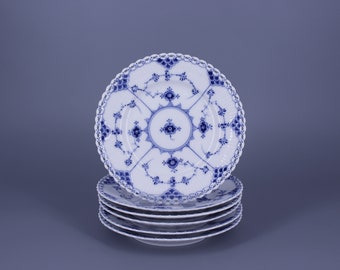 Royal Copenhagen Blue Fluted Full Lace no. 1088 Set of 6 Dessert, Cake Plates Hand Painted in Denmark 1920's