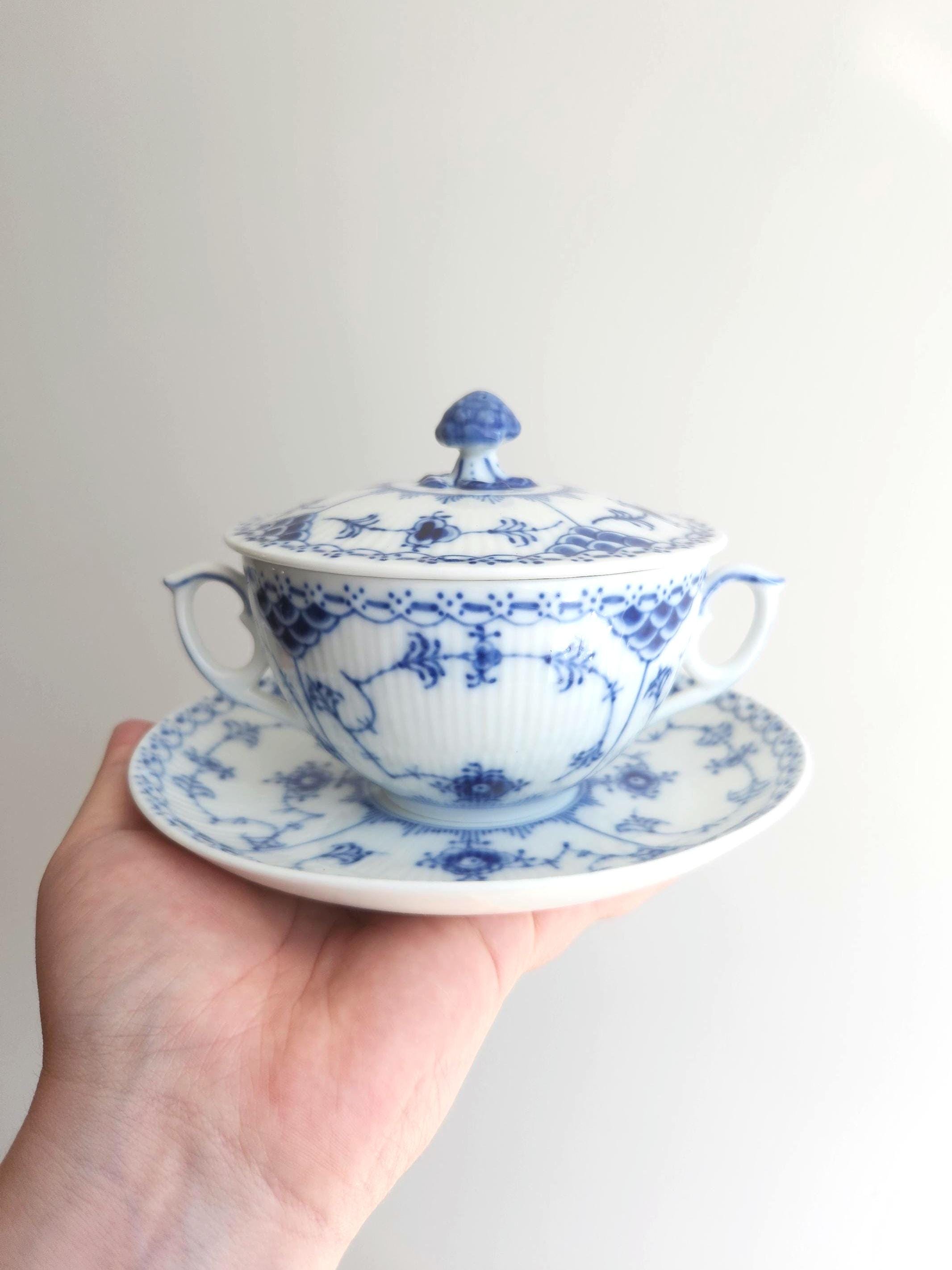 Royal Copenhagen Blue Fluted Half Lace Bouillon Cup & Saucer #764