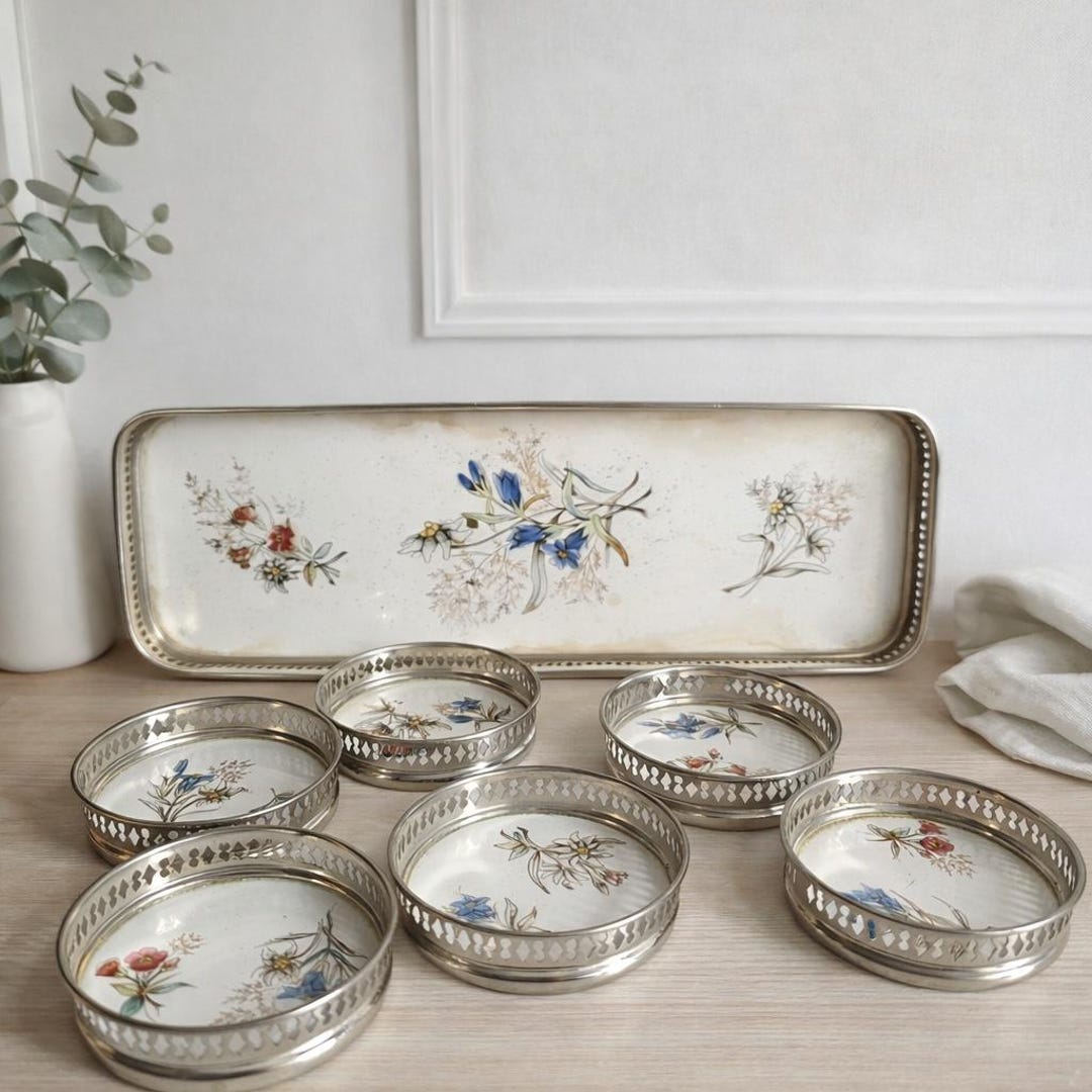 Antique German Ceramic & Silver Plated Tray Set, 7 Pieces, Floral Decor ...