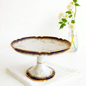 Antieke Haviland & Co Limoges schaal op voetstuk uit de jaren 1890 - Franse porseleinen compote - Verguld