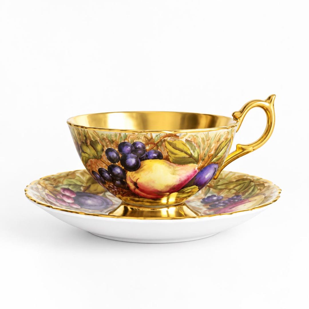 Aynsley Orchard Gold Cup With Saucer Signed Doris Jones English