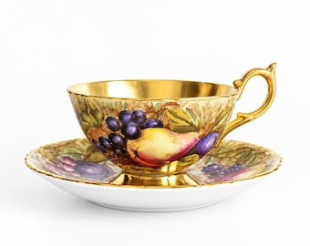 Aynsley Orchard Gold Cup With Saucer Signed Doris Jones English
