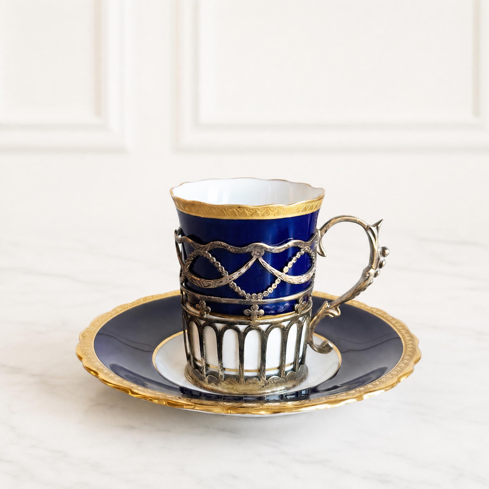 Minton Cup With Saucer Sterling Silver Holder George Edward & Sons