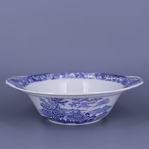 Vintage WOOD&#39;S Burslem Bowl – &quot;Seaforth&quot; Pattern – 1950s English Ironstone – Blue & White Ceramic Bowl – Made in England – 26 cm