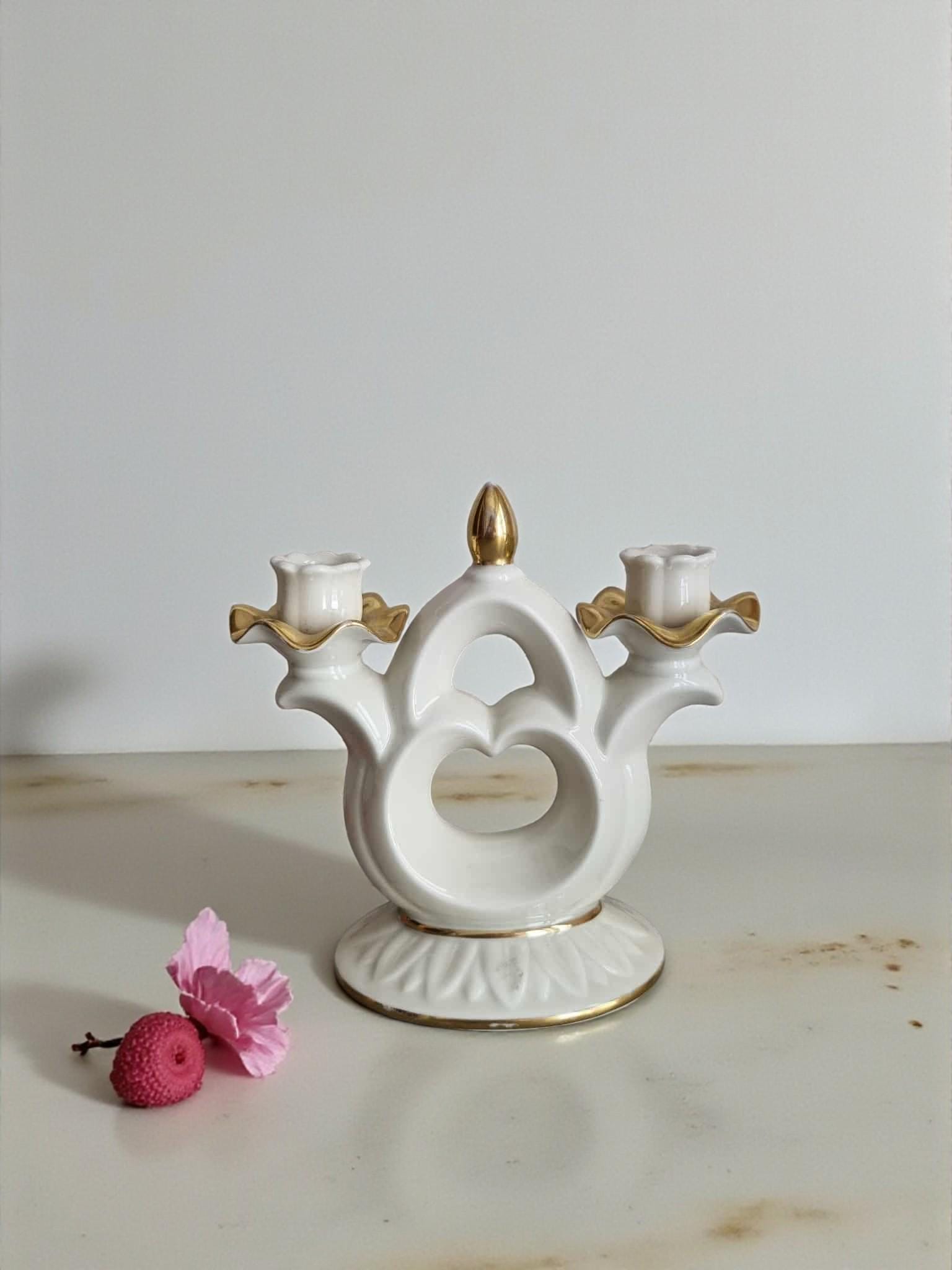 Antique Neu Tettau Porcelain Candlestick 1930s, White Gold Gilt