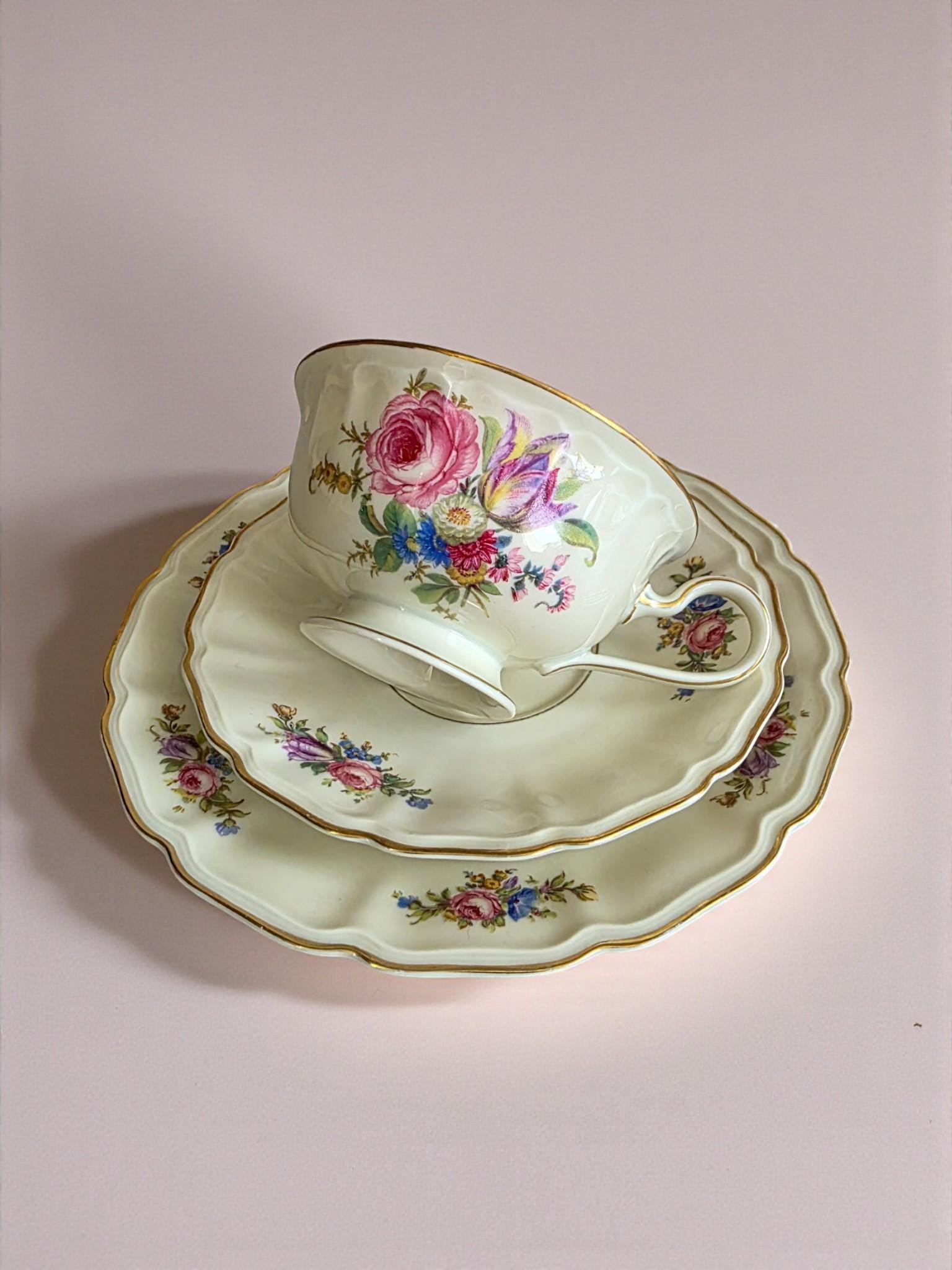 Rosenthal Regina Trio Cup Saucer Plate, 1940s Floral Porcelain Set