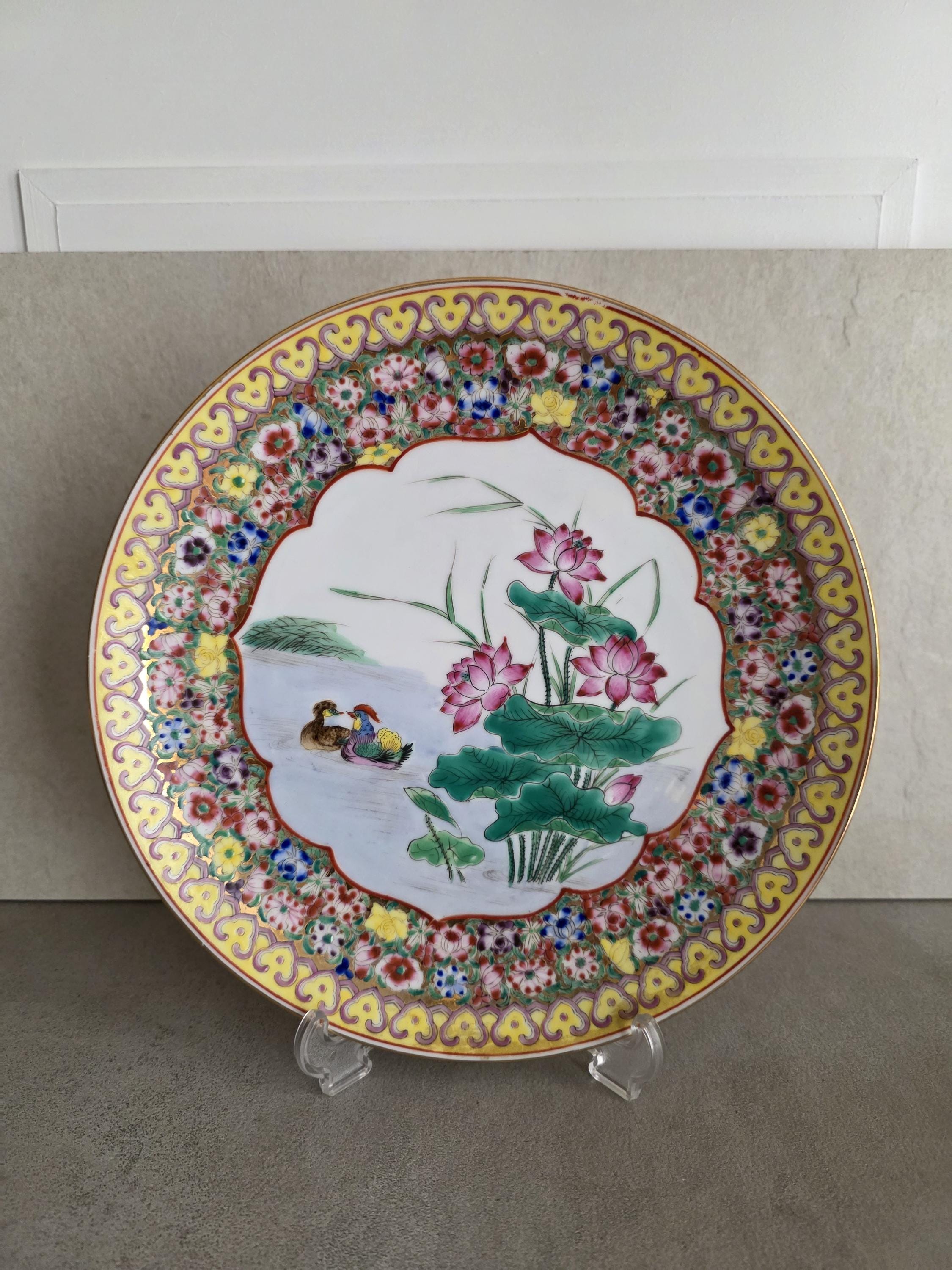 中国磁器皿 • 1900年代 黄色と金色の花柄 • オシドリ • 26 cm - Etsy 日本