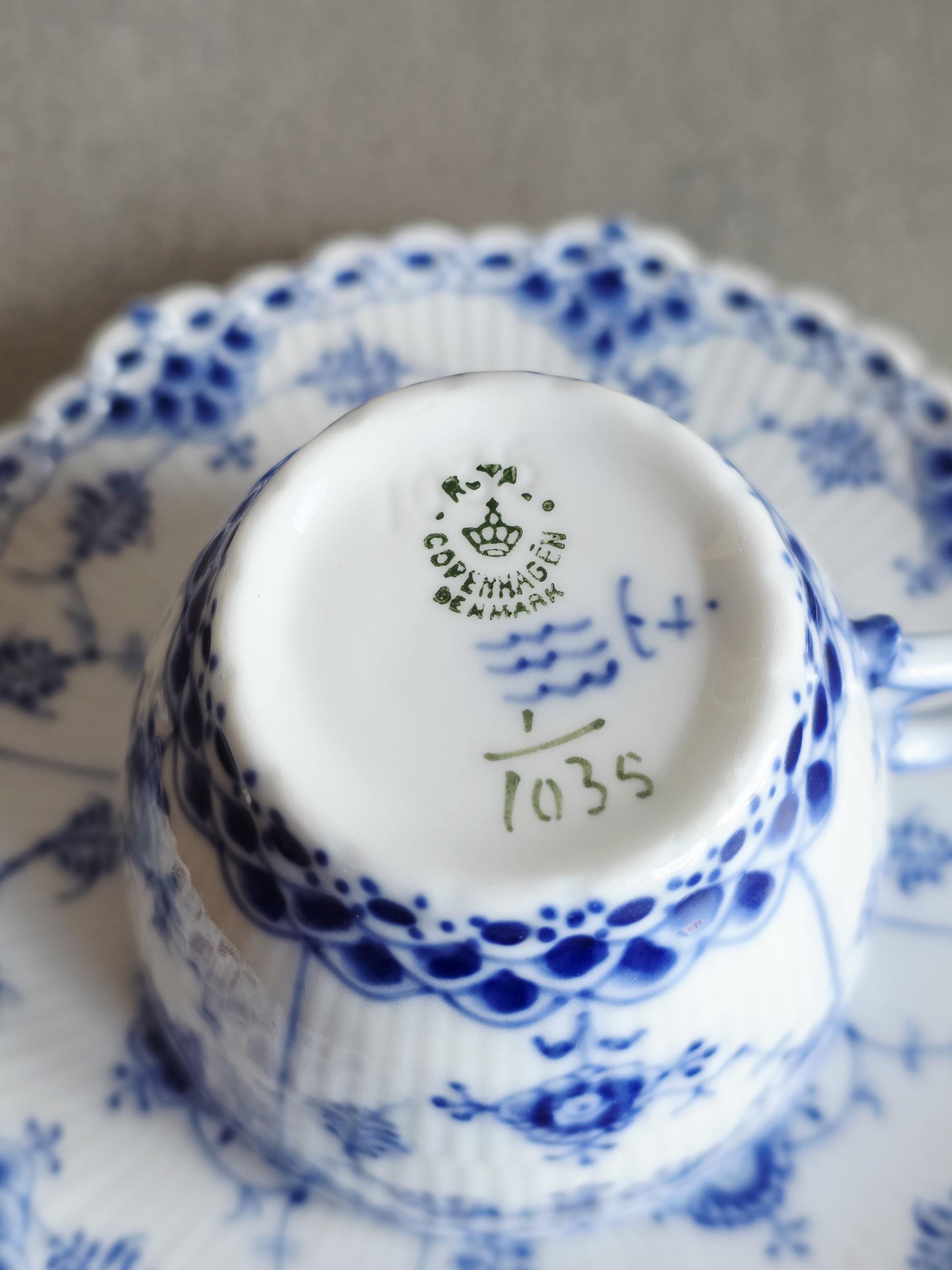 Royal Copenhagen Blue Fluted Full Lace #1035 Cup With Saucer 1960s