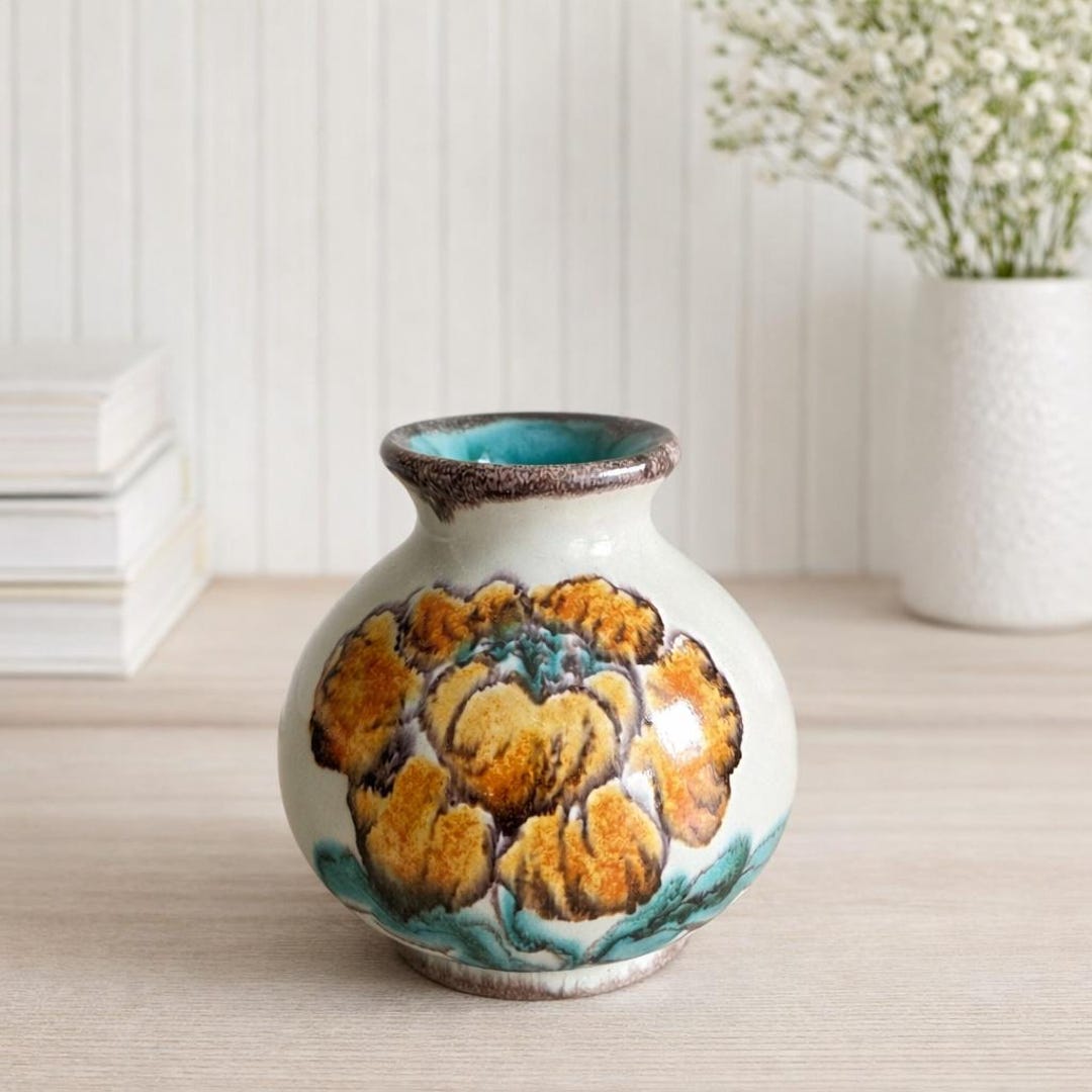 工芸品 Scandinavian Vintage vase Upsala Ekeby Vase #44, Swedish Ceramic, Hand-painted Floral, 1950s