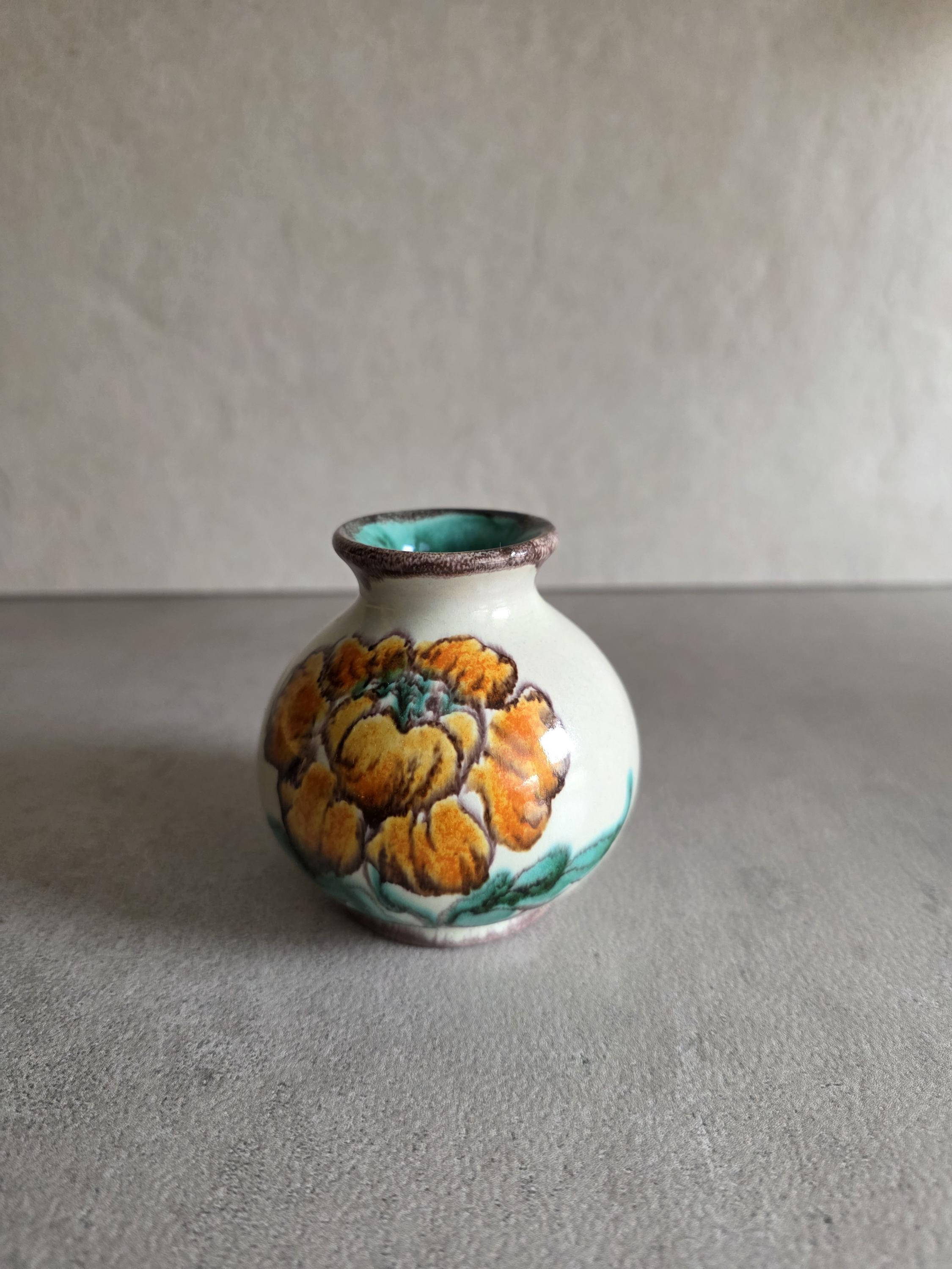 Upsala Ekeby Vase #44, Swedish Ceramic, Hand-painted Floral, 1950s
