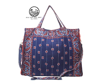 Heritage Navy & Ivory Bandana Travel Tote Bag, Signature Clasp Edition, Laptop Compartment, Luggage Sleeve, Crossbody Strap