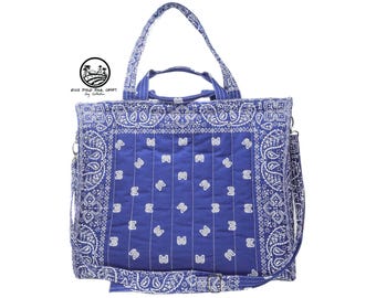 Coastal Navy Collection Bandana Travel Tote Bag, Signature Clasp Edition, Laptop Compartment, Luggage Sleeve, Crossbody Strap