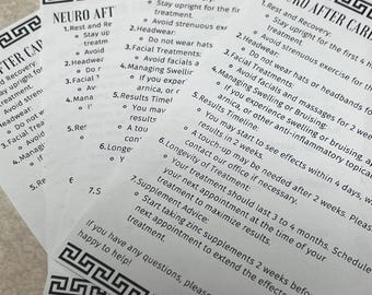 Neuro Aftercare Instructions | Client Retention Printout | Aesthetic Practice Essentials