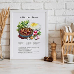 Ghormeh Sabzi Aquarell Illustration | Persisches Essen Rezept | Persische Küche Küche Wandkunst | Minimal Digitale Kunst | Lebensmittel Kunst | Wohndekor