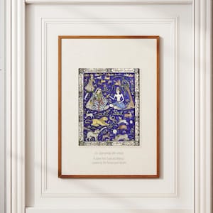May include: A framed illustration depicting a scene from the Persian poem "Layli and Majnun". The illustration features a blue background with figures, animals, and plants in a colorful style.