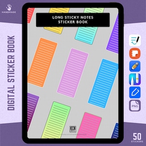 May include: A digital sticker book with 50 long sticky notes in various colors. The notes have lined paper and are perfect for adding to planners, journals, or notebooks. The text on the image reads "Long Sticky Notes Sticker Book".