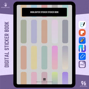 May include: Digital sticker book with 96 highlighter stickers in various colors. The stickers are arranged in rows and columns on a digital tablet screen. The text "HIGHLIGHTER STICKER STICKER BOOK" is at the top of the screen.