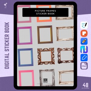 May include: A digital sticker book with 48 picture frames. The frames are in various colors and styles, including gold, silver, and wood. The book is designed for use with digital planners and journals.