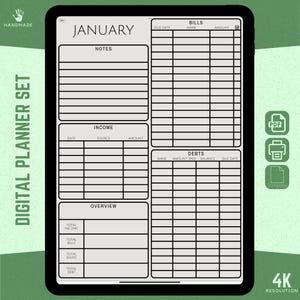 May include: A digital planner template for January with sections for bills, income, debts, and an overview. The template is designed for use on a tablet or computer.