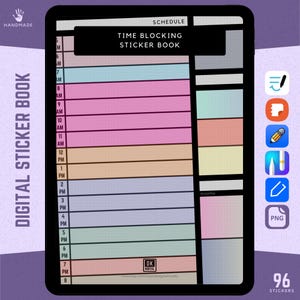 May include: A digital planner with a time blocking sticker book. The planner has a colorful grid with hours from 5 AM to 8 PM. The sticker book has 96 stickers. The planner is on a tablet screen.