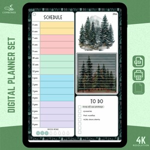 Może przedstawiać: Szablon cyfrowego planera z motywem lasu. Planer zawiera harmonogram dzienny, listę rzeczy do zrobienia i śledzenie spożycia wody. Projekt zawiera akwarelową ilustrację lasu z sosnami i mglistym tłem.