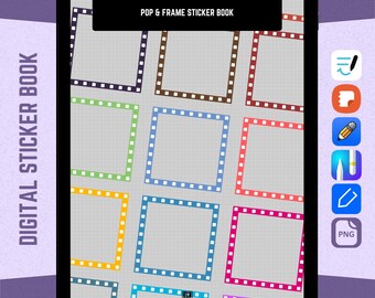 Könnte beinhalten: Digitales Stickerbuch mit 48 bunten Rahmen in verschiedenen Farben, darunter Rot, Blau, Grün, Gelb, Orange und Lila. Die Rahmen sind in einem Rastermuster auf einem grauen Hintergrund angeordnet. Der Text "POP & FRAME STICKER BOOK" befindet sich oben im Bild.