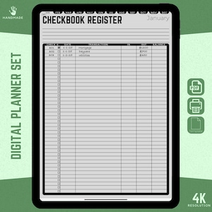May include: A digital planner template for a checkbook register. The template is designed for use on a tablet or computer. The template includes columns for check number, date, transaction, in, out, and balance. The template is designed for use in January.