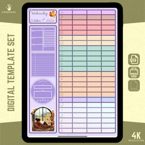 May include: A digital planner template with a purple, green, and orange color scheme. The template includes a daily planner, a to-do list, and a notes section. The template is designed for use with a digital planner app.